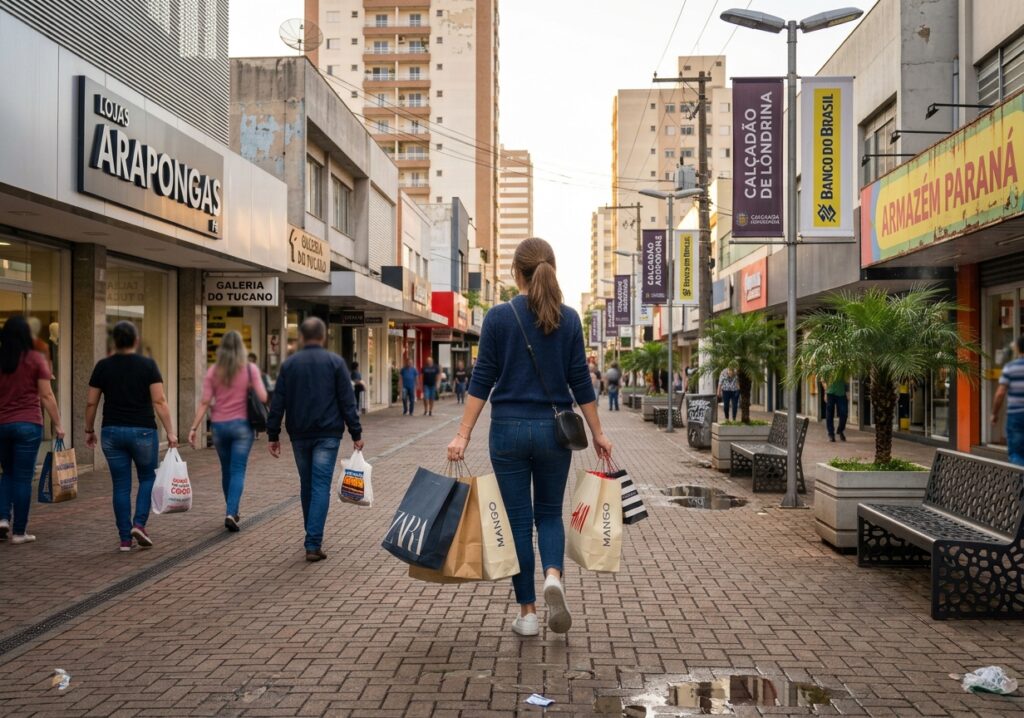 Imagem de pessoas carregando sacolas de compras andando no calçadão - Criada via Gemini
