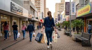 Imagem de pessoas carregando sacolas de compras andando no calçadão