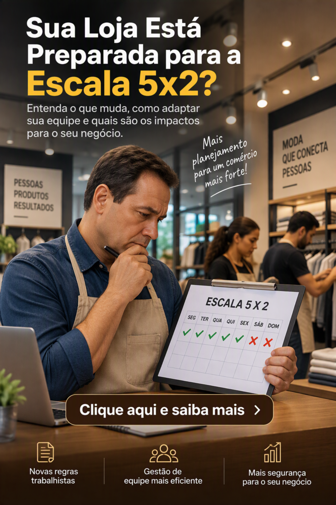 Arte vertical para redes sociais. Em uma loja de varejo, uma pessoa está analisando uma prancheta com uma escala de trabalho identificada como "Escala 5x2", mostrando cinco dias marcados para trabalho e dois dias de descanso. Ao fundo aparecem colaboradores organizando produtos em um ambiente comercial moderno. Na parte superior da imagem está o texto: "Sua Loja Está Preparada para a Escala 5x2?". Na parte inferior há um botão com a mensagem "Clique aqui e saiba mais". A arte destaca temas relacionados a novas regras trabalhistas, gestão eficiente de equipes e planejamento empresarial.