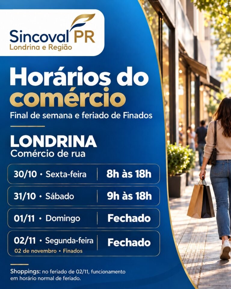 Comércio de rua de Londrina terá horário especial no fim de semana e ficará fechado no domingo e no feriado de Finados. Shoppings funcionarão normalmente.
